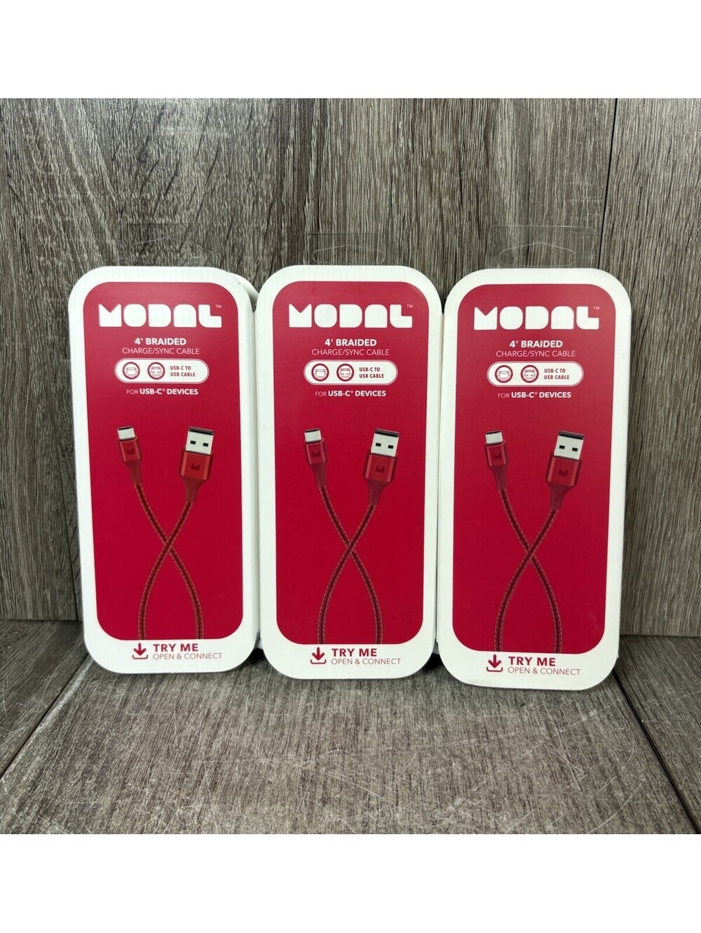 Lot Of 3 NEW Modal - 4FT USB-C to USB-A Charge & Sync Braided Cable - Red Lot